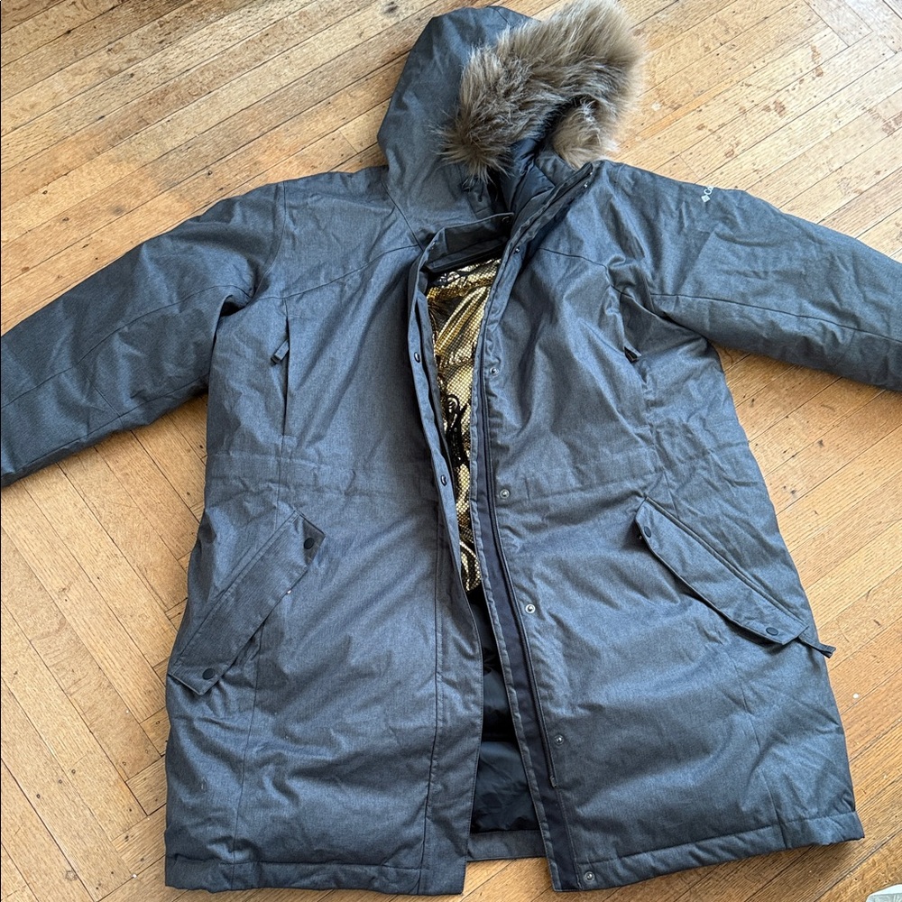 Gray Hooded Parka with Faux Fur Trim
